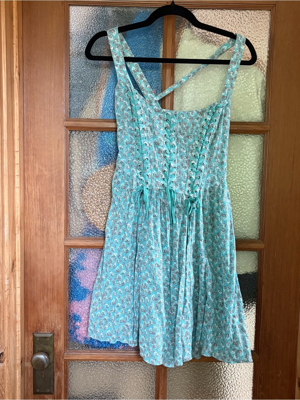 Free People Aqua Floral Lace-Up Sundress